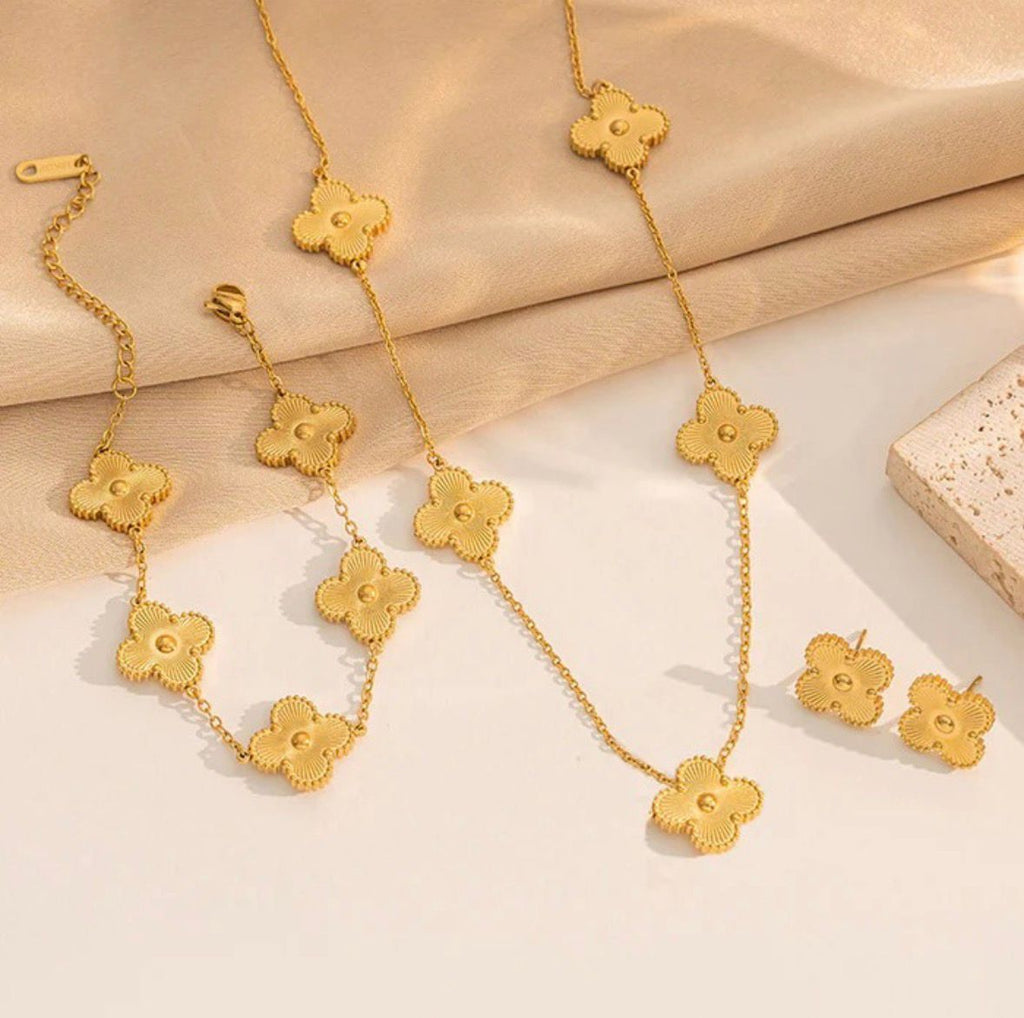 Clover Leaf Full Gold Combo Set (Earrings, Bracelet & Necklace)
