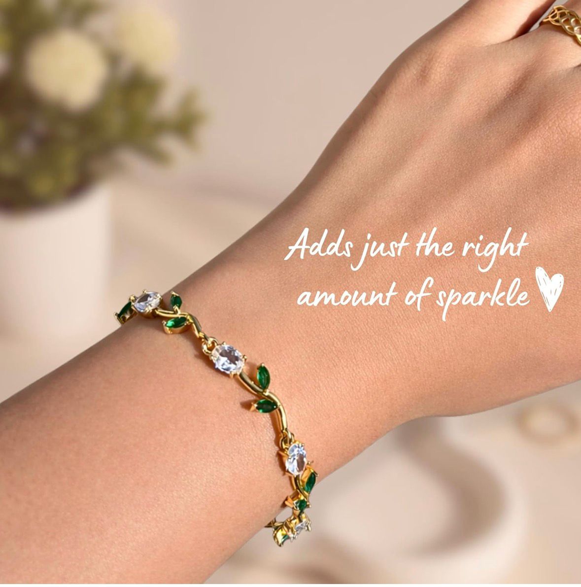 Tulip Bracelet (Gold) (Green & White Stones)