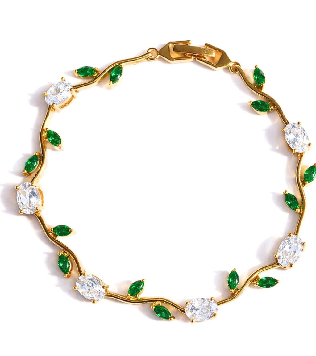 Tulip Bracelet (Gold) (Green & White Stones)