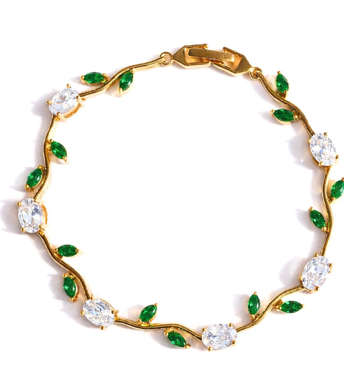 Tulip Bracelet (Gold) (Green & White Stones)