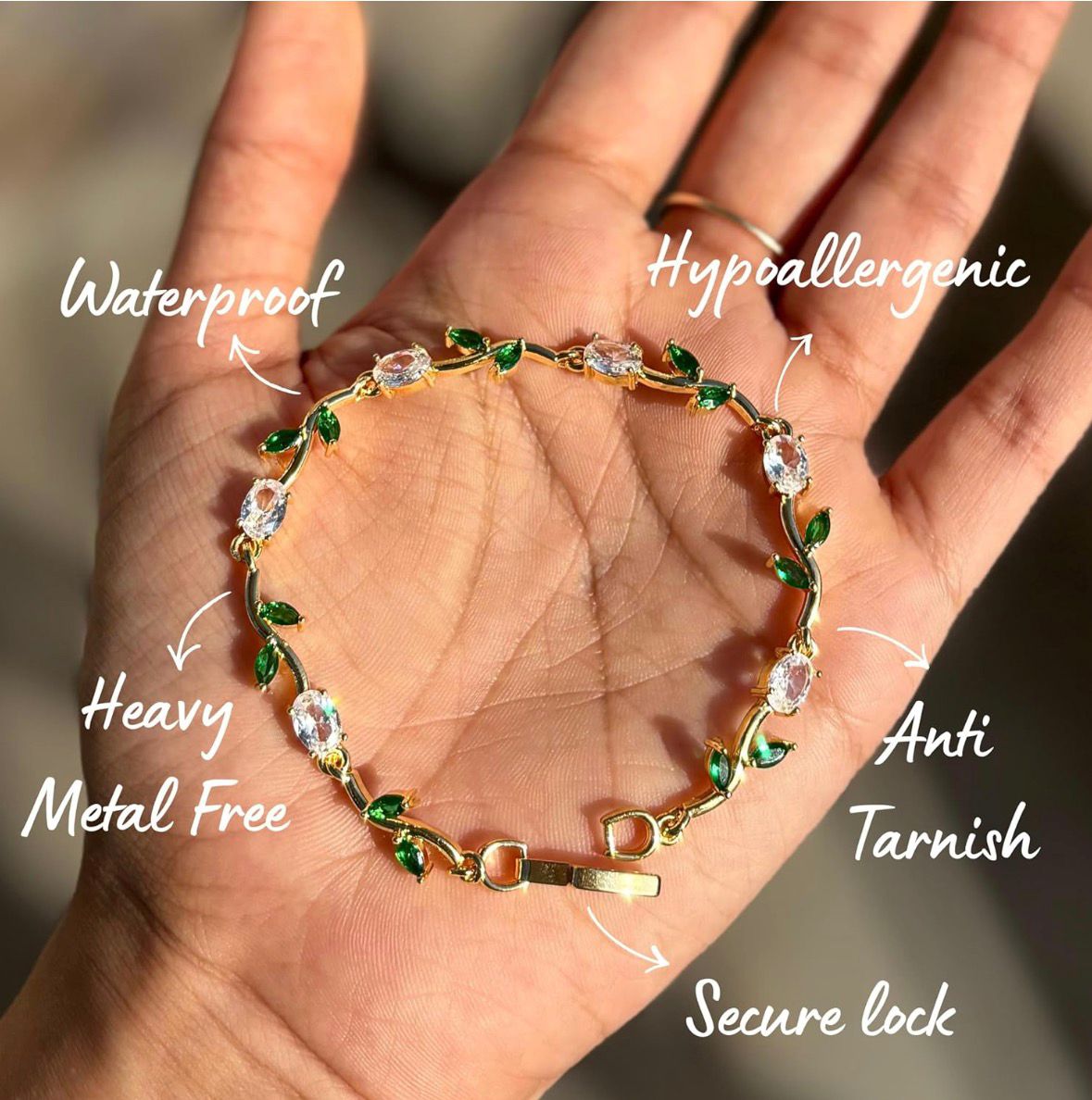 Tulip Bracelet (Gold) (Green & White Stones)