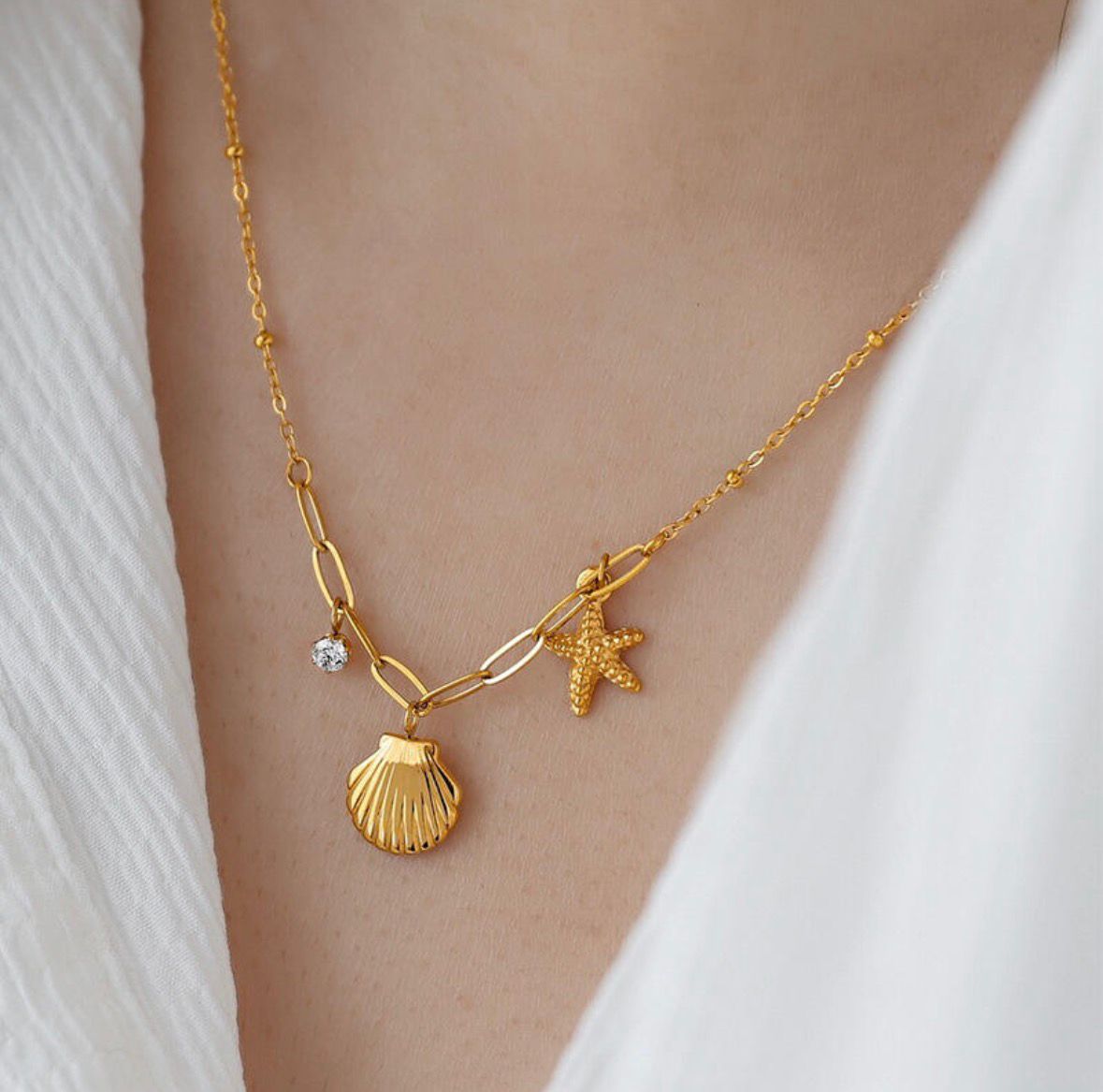 Sea Shell Starfish Stone Drop Clavicle Chain Necklace