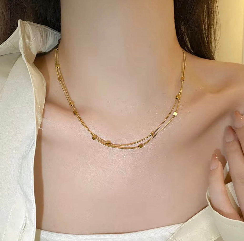 Retro Double-layer Herringbone Cubic Square Beads Necklace
