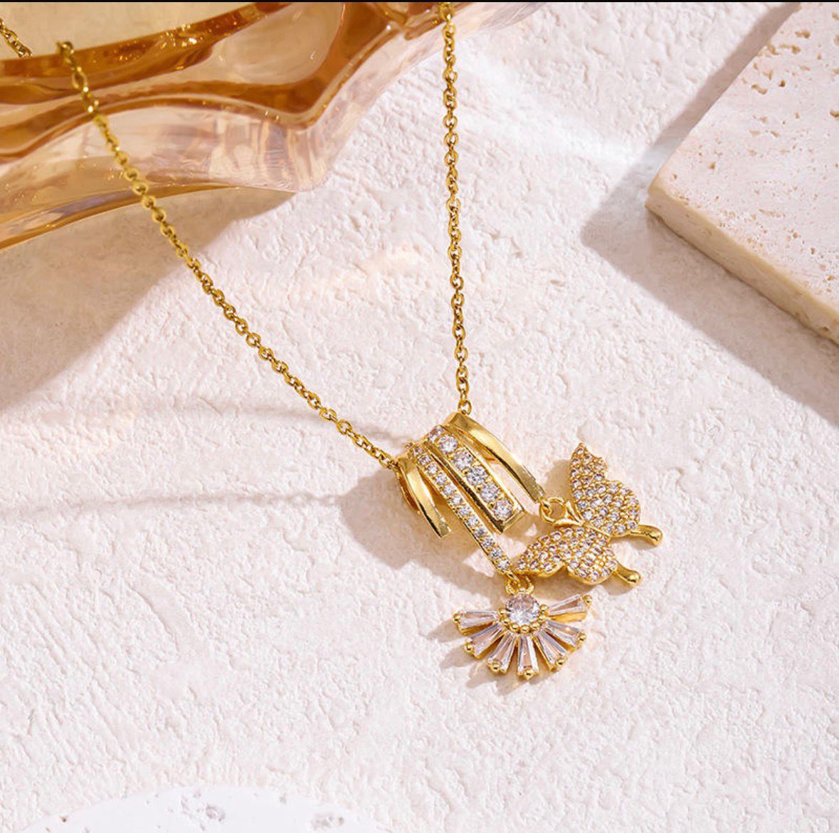 Butterfly Flower Charm Drop Necklace