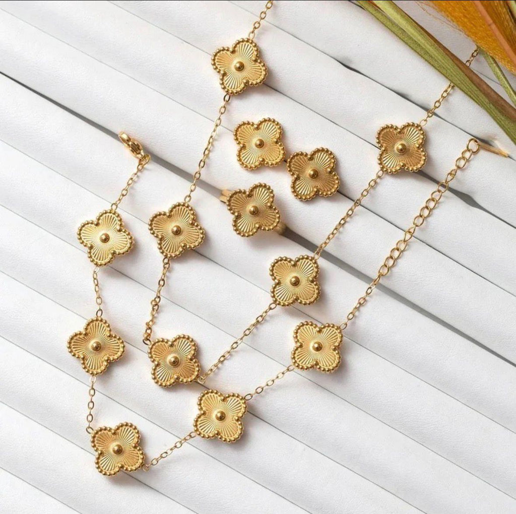 Clover Leaf Full Gold Combo Set (Earrings, Bracelet & Necklace)