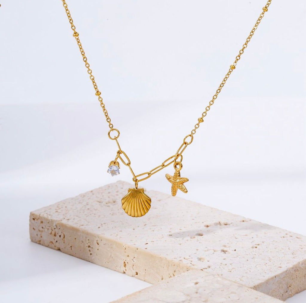 Sea Shell Starfish Stone Drop Clavicle Chain Necklace