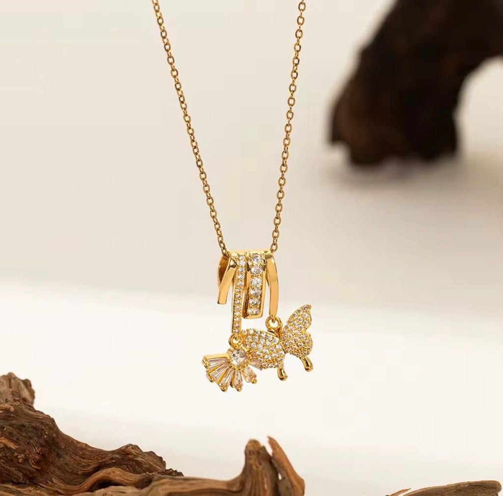 Butterfly Flower Charm Drop Necklace