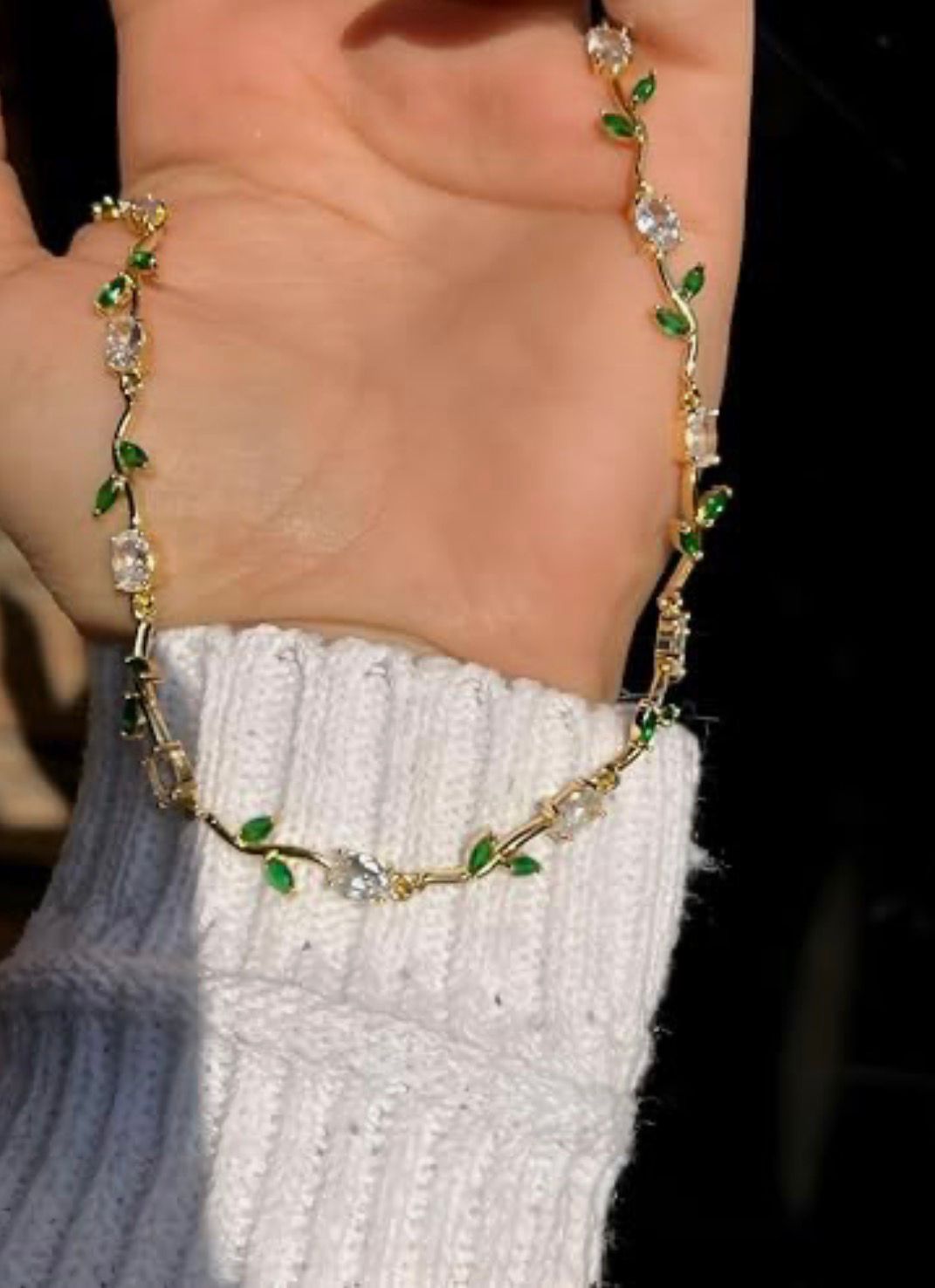 Tulip Bracelet (Silver) (Green & White Stones)