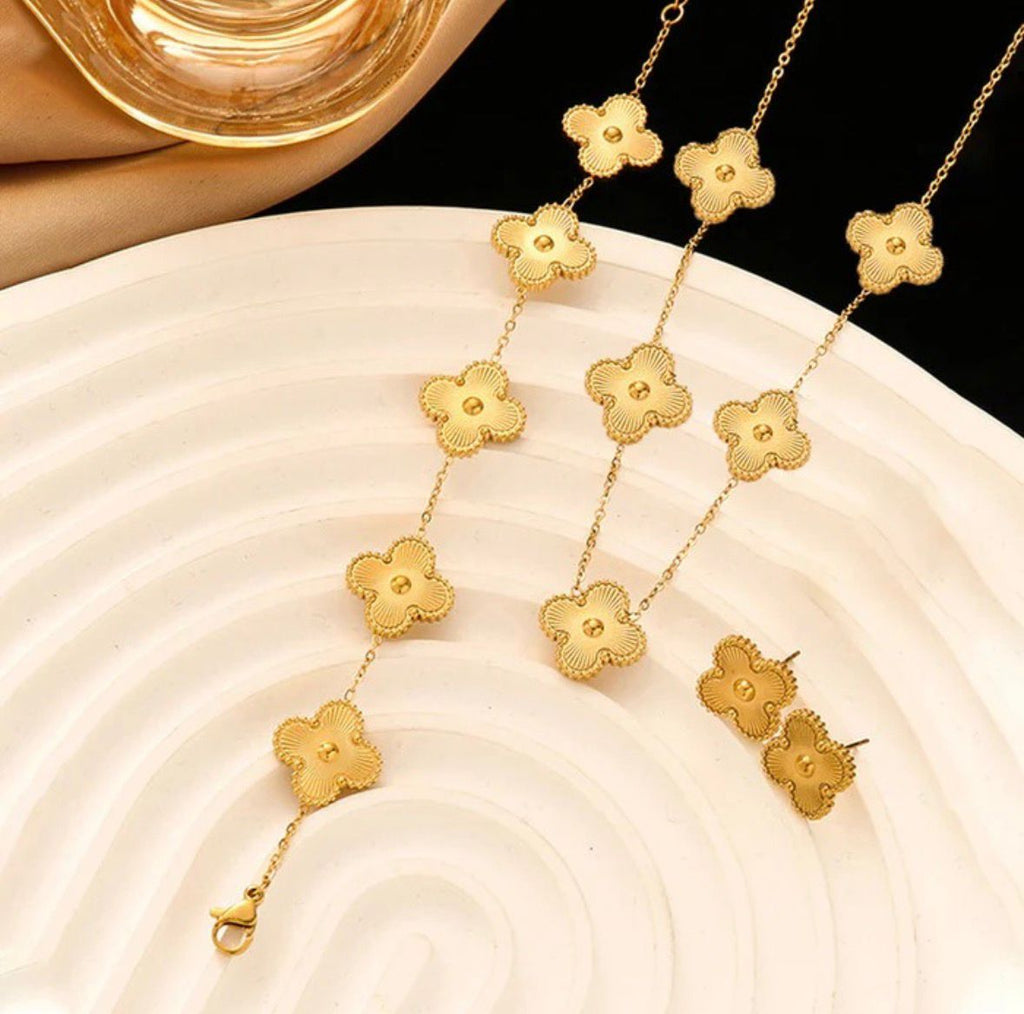 Clover Leaf Full Gold Combo Set (Earrings, Bracelet & Necklace)